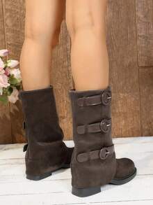 Women's Square Toe Chunky Heel Mid-Calf Boots, Simple Belt Buckle Zipper Decor Fashion Riding Boots