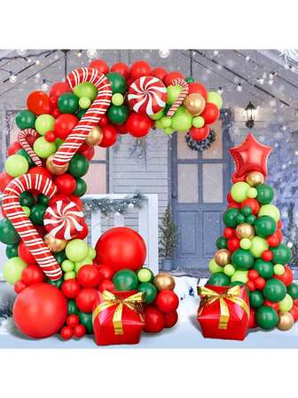 159pcs Christmas Balloon Wreath Set, Red, Green, Gold Balloons DIY Balloon Kit, Star, Candy Cane, Pinwheel, Cube Gift Box Balloons, Suitable For Christmas Party Decor, Birthday Party Background Decor, Christmas Family Gathering Decor, Christmas Decor, Christmas Ornaments, Xmas Decorations