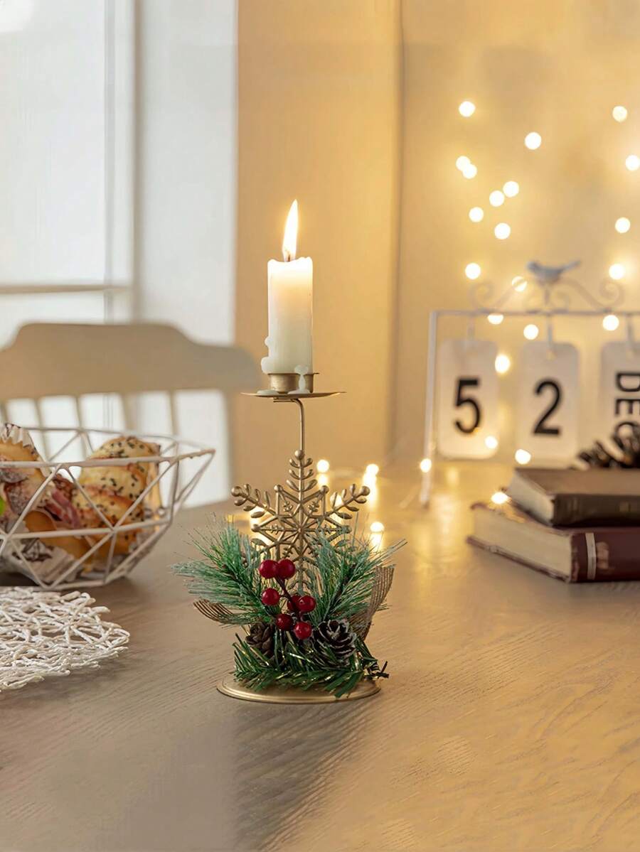 1 pieza Soporte de vela de hierro dorado, decoración para exhibición en ventana, árbol de Navidad, piña, decoración de ambiente, soporte de vela, reno, copo de nieve, ornamento de mesa con estrella