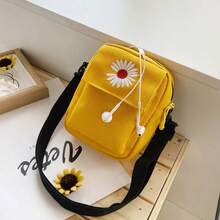 Women's Daisy One Shoulder Bag, Canvas Crossbody Bag, Minimalist Chic Phone Pouch, Solid Color Casual Handbag, Outdoor Zipper Messenger Bag