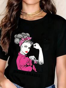Women's Pink T-Shirt With Rosie The Riveter Breast Cancer Awareness Print - Empowerment  For Women's Health And Charity Events - 黑色 - 查看 1