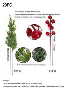 20Pcs Christmas Artificial Pine Branches With Red Berry Stems Faux Evergreen Norfolk Pine Cypress Leaves Stems- Fake Foliage Pine Needles Picks For DIY Craft Garland Home Decor.Artificial Holly Berries, Mini Fake Berries Decor Garlands, Home Vase Dining Table Holiday Patio Fireplace Decor Wedding Garden Farmhouse Table Mantel Decor, Artificial Flowers For Outdoors Christmas Decorations Room Decor