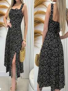 Women's Floral Midi Dress With Light Front Bow - màu đen - Xem 4