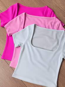 Square Suplex Cropped Top With Casual Lining For Women, Kit With 3 - 粉紅色/淡粉紅色/白色 - 查看 2