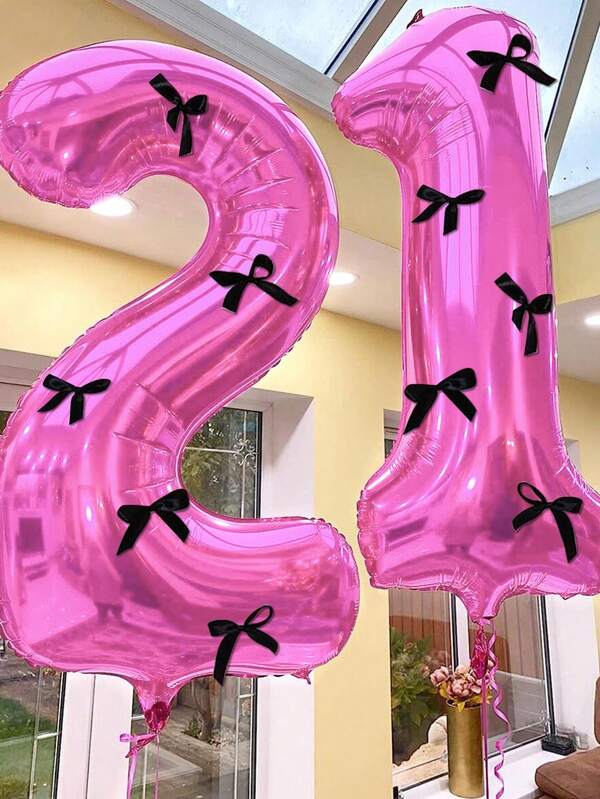 7pcs 40-Inch Fuchsia Number Balloon Set, Black Bow Ribbon 0-9 Foil Number Balloons Suitable For Birthday Party, Anniversary Decoration