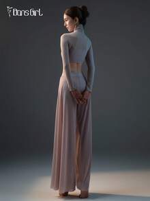 DonsGirl 女式高领短款上衣和超柔软弹力网眼阔腿裤套装 - 适合空中瑜伽、现代/古典芭蕾舞表演服装 - 淺灰紫 - 查看 3