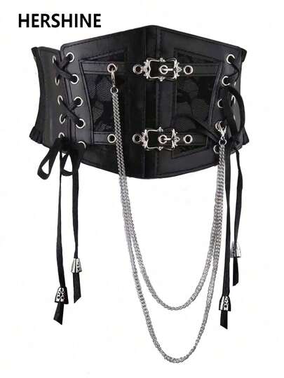 Hershine 1 szt. damski pasek w stylu Dark Punk ze skóry PU z elastycznym ściągaczem, odpowiedni na imprezę Halloween lub do codziennego noszenia, do codziennego użytku na Halloween, lato, jesień, szkołę, Halloween