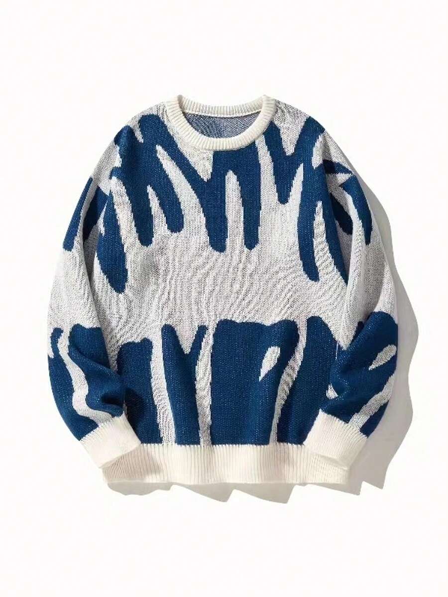 Manfinity Hypemode Men's Color-Block Button-Up Long Sleeve Cardigan Sweater Mens Clothes - Crew Neck Blue and White - View 1