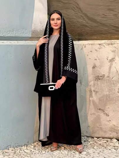 1pc Elegant Embroidered Cuff Simple & Dignified Hijab + Open Abaya, Arabic Embroidered Long Robe Fashion Outerwear Abaya, Suitable For Women's Daily Wear, All Season For Dress
