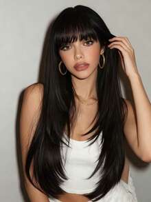 Natural Daily Hair For Women Black Straight Layered Wigs With Fluffy Bangs 26 Inch - Black - View 2