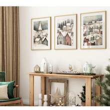 Ensemble de 3 impressions artistiques de paysage de village d'hiver, paysage enneigé de ville de Noël scandinave, décoration murale saisonnière sans cadre pour le salon, la chambre à coucher, le bureau à domicile - style rétro moderne classique, motif de dessin animé, peintures d'intérieur portrait