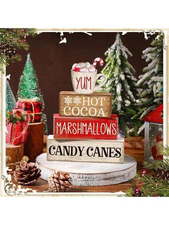 4 件套木制圣诞桌面装饰热可可分层托盘装饰乡村风木质热可可方块标牌礼品圣诞快乐中心摆件农舍冬季餐桌装饰圣诞装饰家居圣诞礼物圣诞装饰