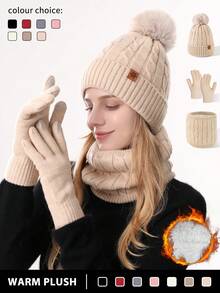 Set de 1-3 piezas de gorro de punto, cuello calentador y guantes con pantalla táctil para mujer en invierno, de doble capa con forro térmico, tela jacquard con estampado, textura de copos de nieve, adecuado para esquiar, viajar, conducir, citas, regalo para mujer, accesorios de invierno para uso diario