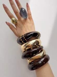 棕色渐变金色铆钉手链，粗犷几何树脂金属手链，不对称独特秋冬叠戴首饰，女士 - 彩色 - 查看 5