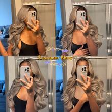 渐变银灰色至金色蕾丝前假发 - 真人发 13x4 水波纹蕾丝假发 铂金色蕾丝前假发（深色发根）/ 渐变金色真人发假发 金色蓬松波浪假发