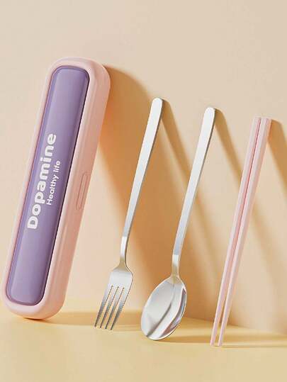 304不锈钢筷子勺套装，木质筷子、勺子、叉子，学生便携式餐具套装，单人使用