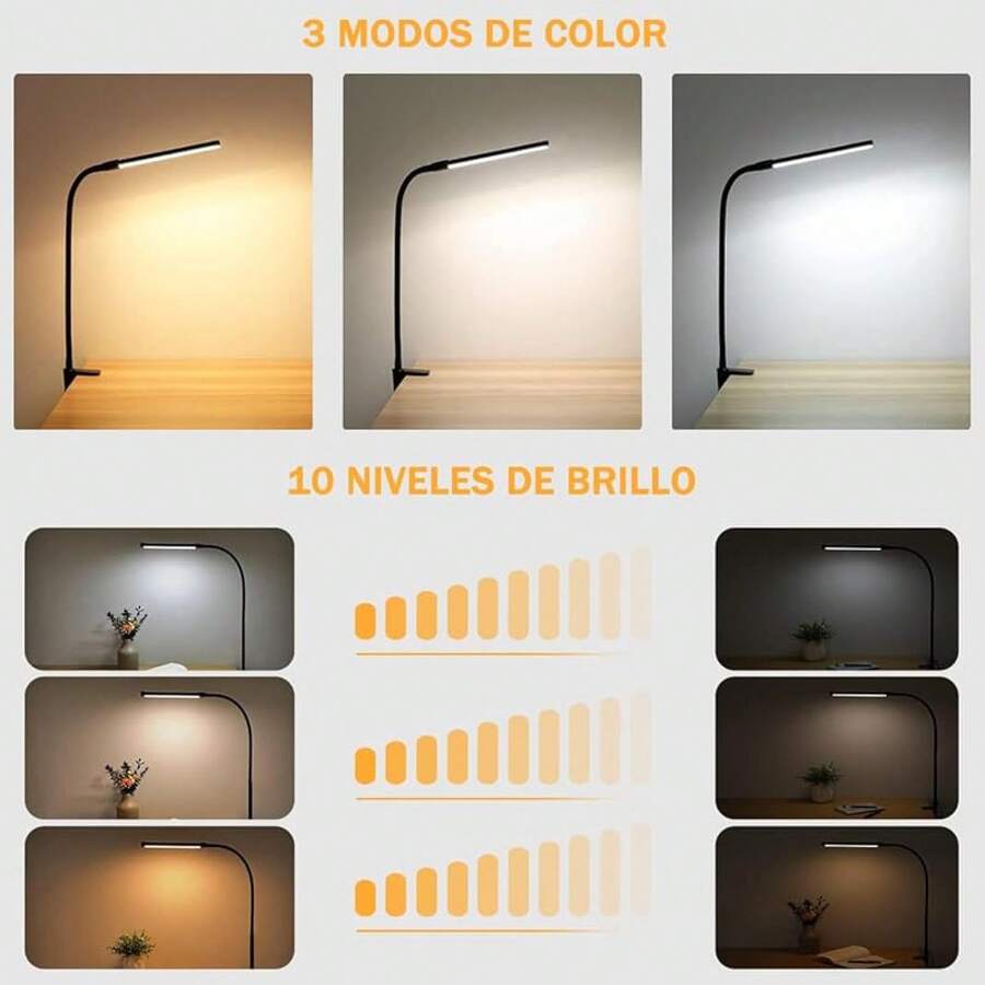 OIOSEN LED Lámpara de escritorio con pinza, largo cuello de cisne flexible de metal USB Lámparas de mesa, 3 modos de brillo 10, clip de luces para la oficina en casa cuidado de ojos (Negro) - Negro - Ver 1