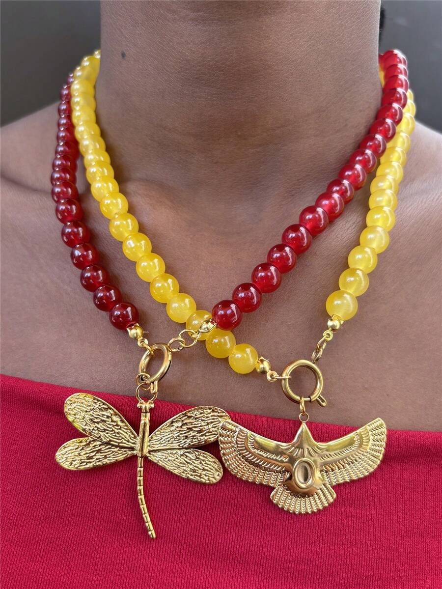 1pc Exaggerated Colorful Beaded Necklace, Fashion Stainless Steel Animal Dragonfly Eagle Pendant Choker Necklace For Women