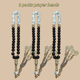 3-pack/33 vit turkos med konstgjorda agatbönepärlor/Tasbih/10 mm, islamiska handhållna Tasbeeh av riktig sten, för festivaler, firanden och böner, perfekt Umrah-present