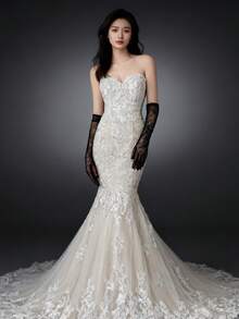 قفازات طويلة شفافة من التول والدانتيل لفستان الزفاف، قفازات زفاف من الدانتيل الفرنسي ذات جو أنيق وأنيق مطرزة بالدانتيل الطويلة لعروس الزفاف