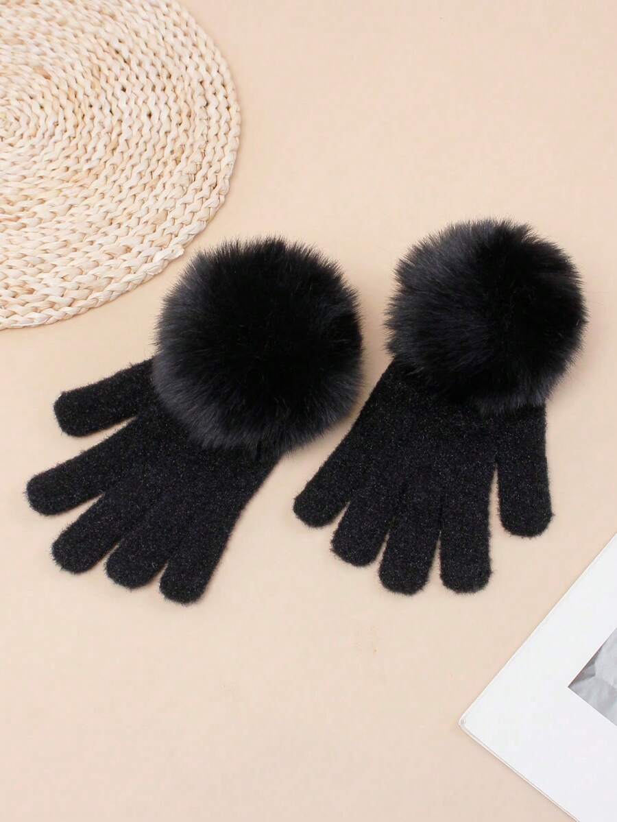 1 Pair Girls' Fingerless Gloves, Warm Knitted Simple Gloves With Faux Fur Pom Pom, Suitable For Autumn/Winter - 1Pair - View 1
