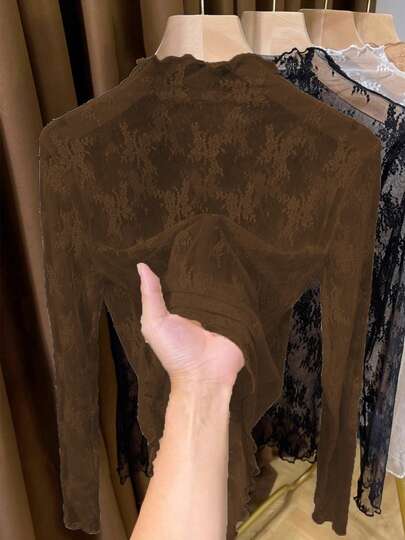 2025 Nowość: Damska koronkowa koszulka z półgolfem, siateczką, prześwitującą, z długim rękawem i dopasowanym krojem, wiosna/lato/jesień