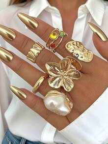 20/15/6 piezas Juego de anillos apilables de estilo minimalista bohemio vintage en color dorado, incluye diseños de flor, lazo, perla asimétrica, giro, corazón, rhinestone, luna, estrella, geométrico, ojo de gato, adecuado para mujeres, vacaciones, fiestas, citas, uso diario, regalo (surtido aleatorio)