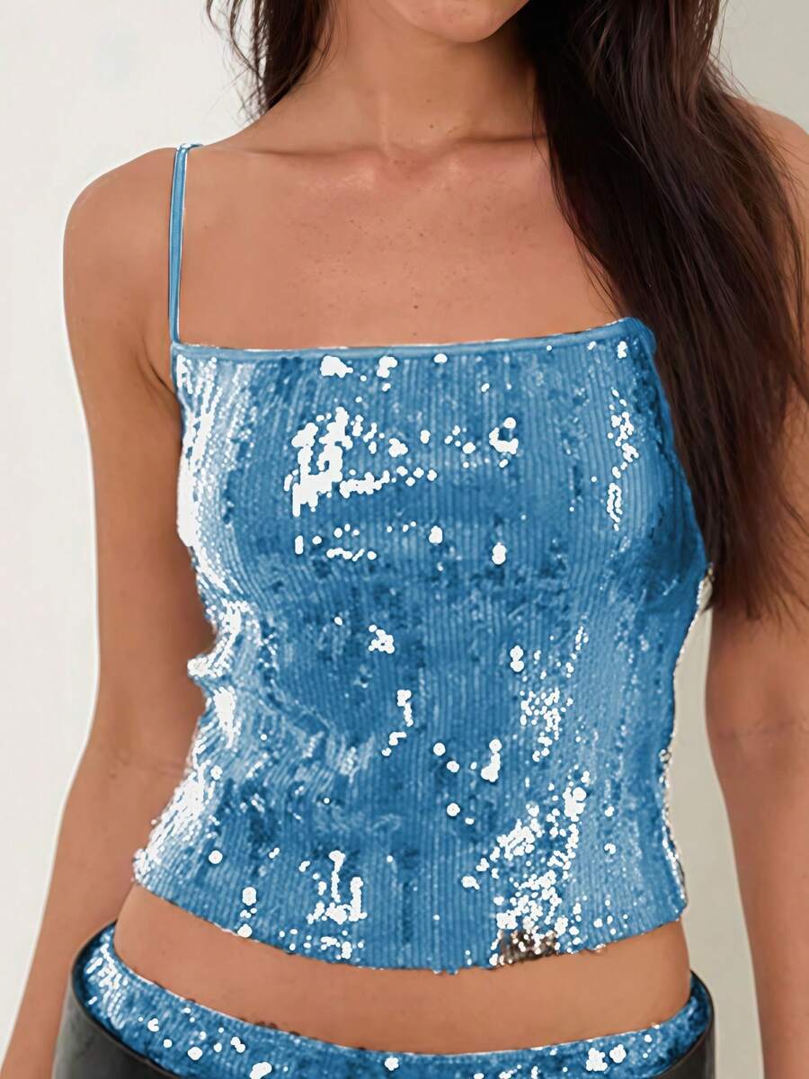 Sequins Camisoles For Women Y2k Crop Tank Tops Sleeveless Open Back Low Cut Spaghetti Strap Tank Tops Slim Fit Cami Tops Summer Casual Going Out Tops Party Club Clothes Daily Clothes Streetwear Aesthetic Clothes - 藍色 - 查看 1
