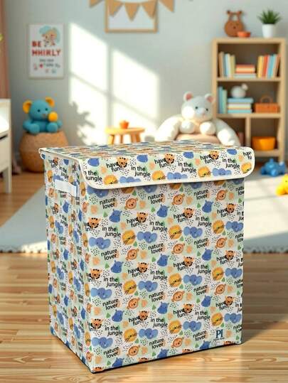 Patterned Folding Laundry Basket With Lid For Kids Room Toys Storage Box 40x50x30