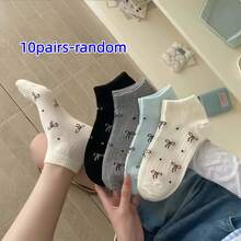 10/5 Pairs Women's Random Bow, Polka Dot, Striped, Solid Color, Minimalist Lace Trim Ankle Socks, Soft, Breathable, Collegiate Style, Versatile For Daily Wear, All Seasons