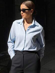 Livesso Women's Plain Loose Turndown Collar Long Sleeve Textured Shirt, Blouse,Fall Clothes - Blue - View 3