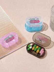 1 Oval Pill Box With Printed Letters And Purple Medicine Bottle Pattern, Three Compartment Portable Pill Storage Box, Mini Storage Box, Portable Jewelry And Medicine Box, Personalized Creative Gift With Letter Logo, Suitable For Travel, Outdoor Activities, Bags, Pockets, Unique Design Decorative Travel Storage Box, Medicine Storage Box