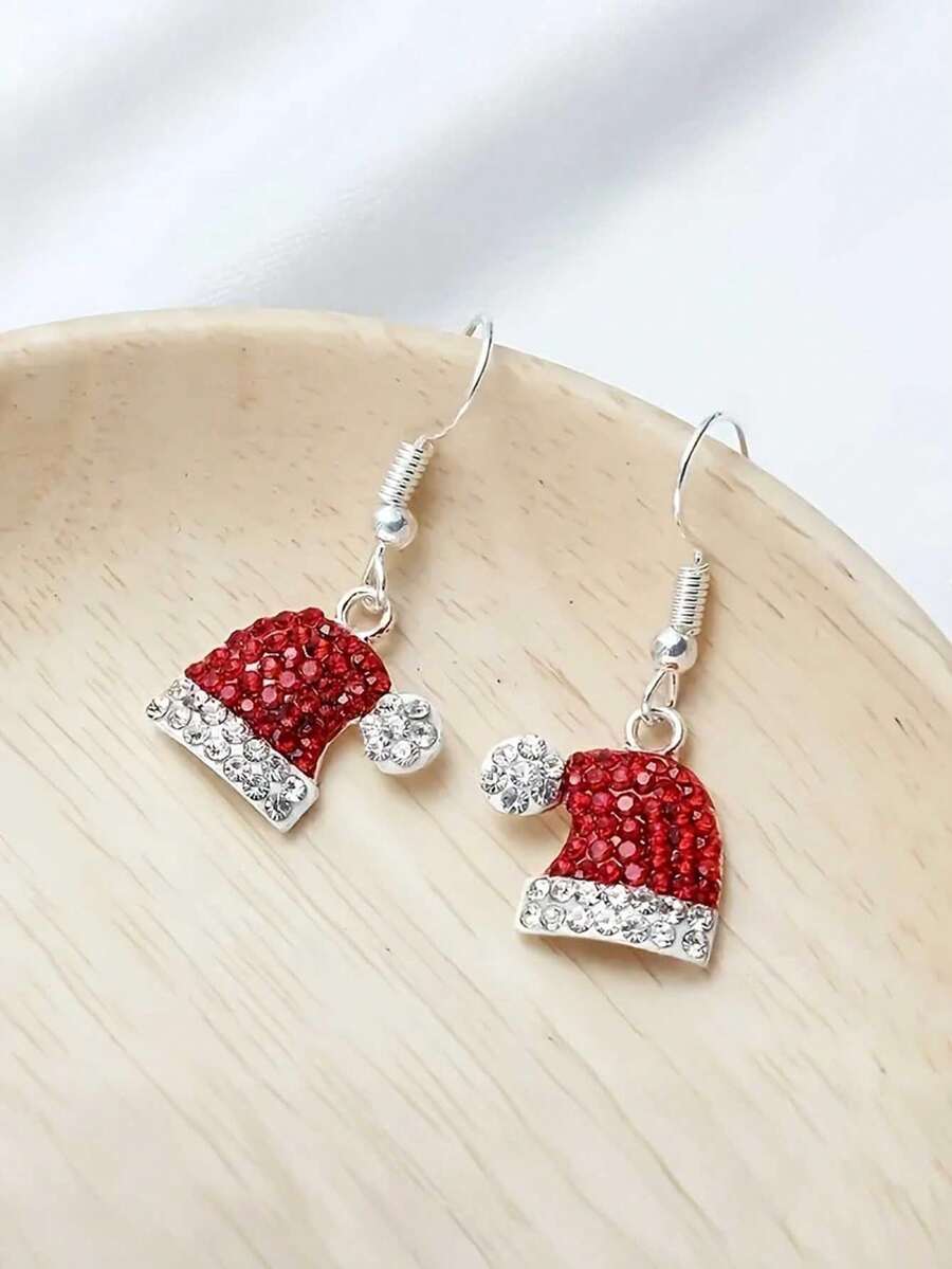 Cercei eleganți cu pandantiv și pălărie de Crăciun pentru femei, aliaj de zinc placat cu argint cu accente de stras, ac de ureche din fier, cadou festiv de sărbători, bijuterii de iarnă, fără pene - 1 pereche