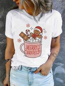 Camiseta De Manga Larga Casual Con Estampado De Hombre De Jengibre Con Sombrero De Santa, Ropa De Mujer De Poliéster, Ajuste Cómodo, Diseño Clásico, Cuello Redondo, Estampado De Navidad, Para Todas Las Estaciones, Tejido De Punto, Peso De Tela De 200g/m² - Blanco - Ver 1