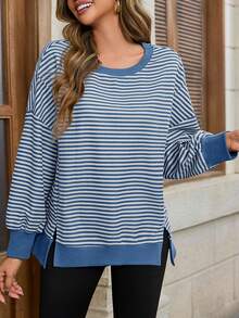 Fisoew Women's Fall Y2K Oversized Outdoor Sweatshirt, Casual Waffle Knit Long Sleeve Top, Split Hem Tunic Pullover For Hiking Camping Aesthetic - 深藍色 - 查看 2