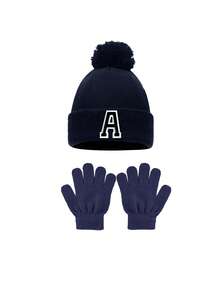 儿童冬季针织帽手套三件套，适合男婴和女婴，A-Z字母针织帽带绒球，儿童保暖手套，适合4-8岁儿童日常保暖穿着 - 藏蓝色 - 查看 6