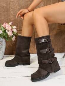 Women's Square Toe Chunky Heel Mid-Calf Boots, Simple Belt Buckle Zipper Decor Fashion Riding Boots