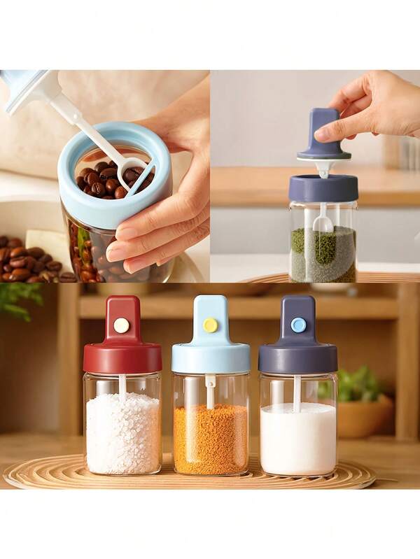 Frasco de especias de vidrio de 260 ml con cuchara incorporada - Tapa sellada, fácil dispensación, diseño moderno, apto para cocina, preparación de comidas y uso en la mesa - Contenedor de especias duradero y elegante, suministros para fiestas de Navidad, cena familiar