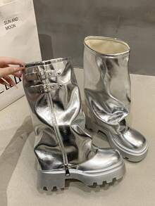 Shiny Fashion Flared Shaft Mid-Calf Boots, Versatile Slouchy Boots, Thick Sole Round Toe Women Boots, Street Style For Autumn/Winter