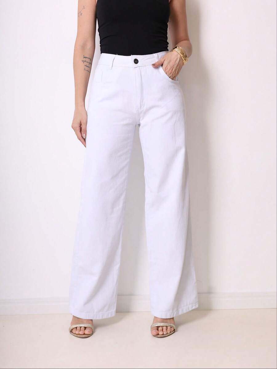 Women's Wide Leg Jeans, High Waist, Butt Lifting, 2025 - 白色 - 查看 1