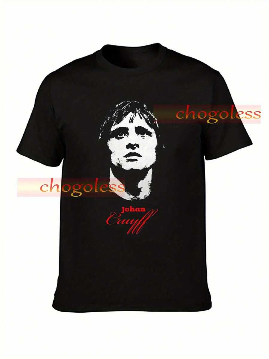 Johan Cruyff niederländische Fußballlegende Vintage Grafik T-Shirt - Schwarzes Baumwoll-O-Neck Kurzarmshirt mit rot-weißem Druck, Regular Fit Lässig Shirt für Herren, ganzjährige Bequemlichkeit, sportliches Design, langlebiger Druck