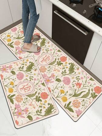 1 st mjuk gummiköksmatta, 3,5 mm tjock köksmatta, absorberande köksmatta i retroblommig stil, stor matta, kan skäras till för att passa köksstorlek, ytmaterial, mellanlager av svamp, undre lager av gummi, lämplig för köksmattor, köksdekor, bröllopsdekor, heminredning, badrumsmatta, entrématta, tvättstugematta, hallmatta, vardagsrumsmatta, etc.