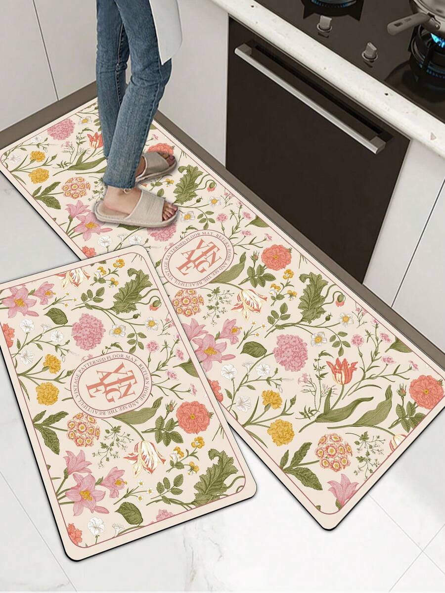 1pc Soft Rubber Kitchen Mat, 3.5mm Thick Kitchen Rug, Retro Floral Style Absorbent Kitchen Mat Large Carpet, Can Be Self-Cut To Fit Kitchen Size, Surface Fabric Material, Middle Sponge Layer, Bottom Rubber Layer, Suitable For Kitchen Rugs, Kitchen Decor, Wedding Decor, Home Decor, Bathroom Mat, Entryway Mat, Laundry Room Mat, Hallway Carpet, Living Room Mat, Etc.