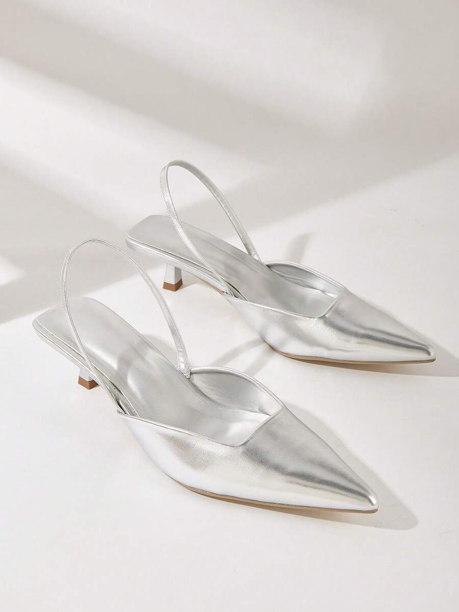 女士纯色真皮小猫跟鞋，优雅尖头高跟鞋，时尚踝带高跟鞋，宴会及婚礼正式礼服鞋 - 銀色 - 查看 1