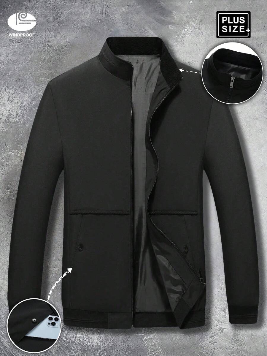 Jaqueta corta-vento masculina leve e casual com zíper, agasalho grosso para golfe, ideal para primavera e outono, com bolsos, adequada para caminhadas. - Preto - Ver 1