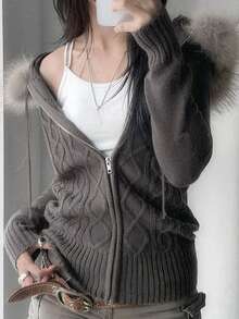 Women's Vintage Faux Fur Trim Hoodie Sweater Zip Up Cable Knit Slim Y2k Cardigan - Tro - Xem 4