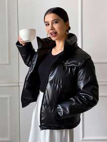 Livesso 女式宽松街头风格连帽棉服外套冬季 - 黑色 - 查看 4