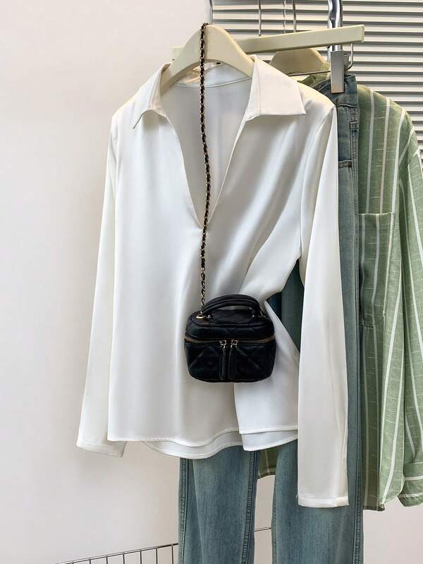 Women's Autumn Wear, Fashionable And Elegant Sexy Women's Clothing, Long-Sleeved Lapel Women's Party Wear, Suitable For Vacation, Date, Travel, Leisure, The Most Favored Beautiful Solid-Colored Top For Women When They Go Out