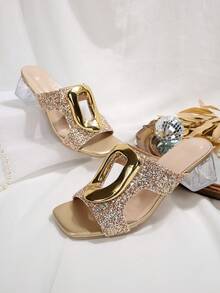 Teenage Girls' Square Toe High Heel Sandals With Metal Buckle Glitter Decoration, Fashionable & Comfortable Chunky Heel Slides Suitable For Outdoor Party, Prom, Casual Wear