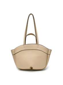 2024秋季新款PU皮革托特包，时尚大容量棕色通勤手提包带内袋，购物袋 - 卡其色 - 查看 3